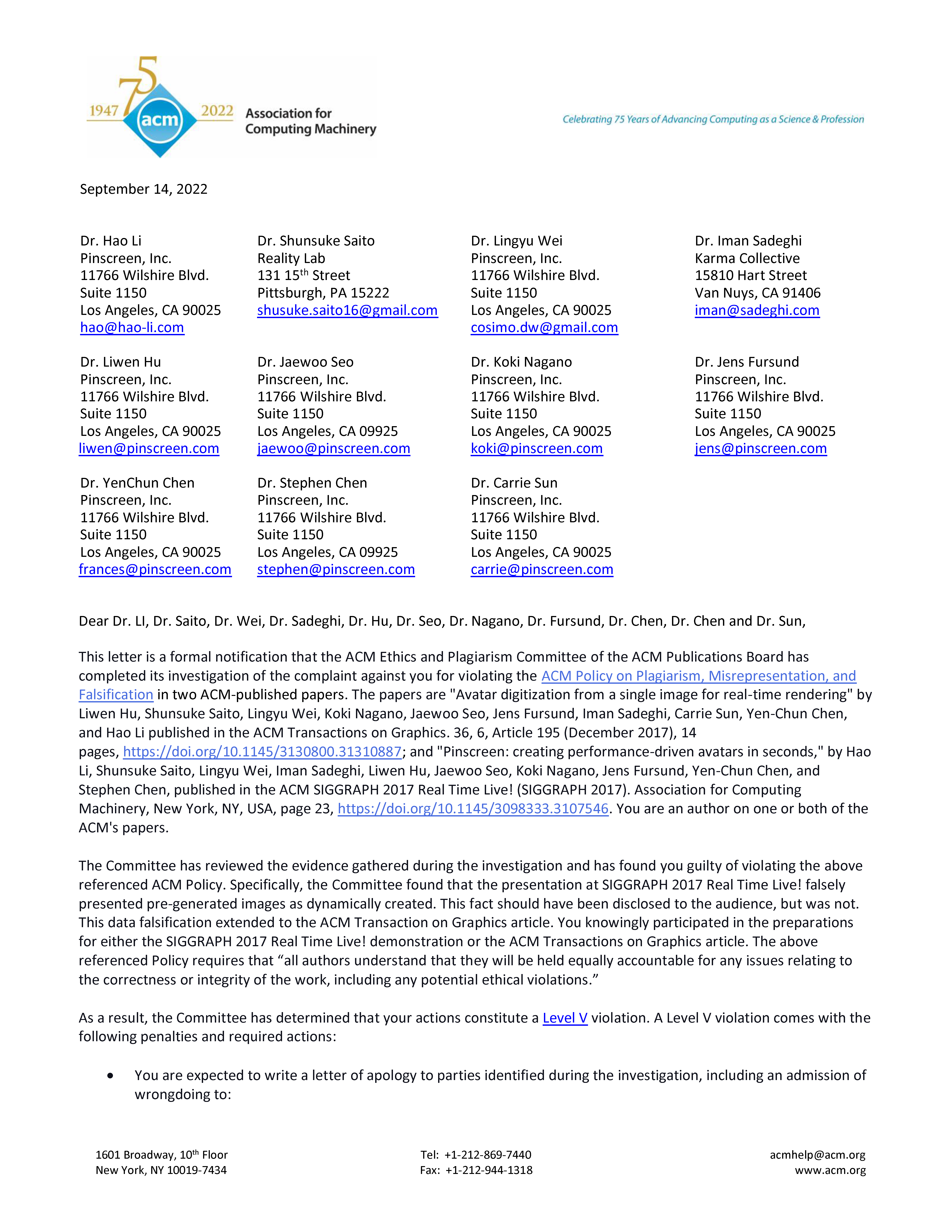 ACM's Investigation re Hao Li's and Pinscreen's Scientific Misconduct at SIGGRAPH and SIGGRAPH Asia 2017 Page 1