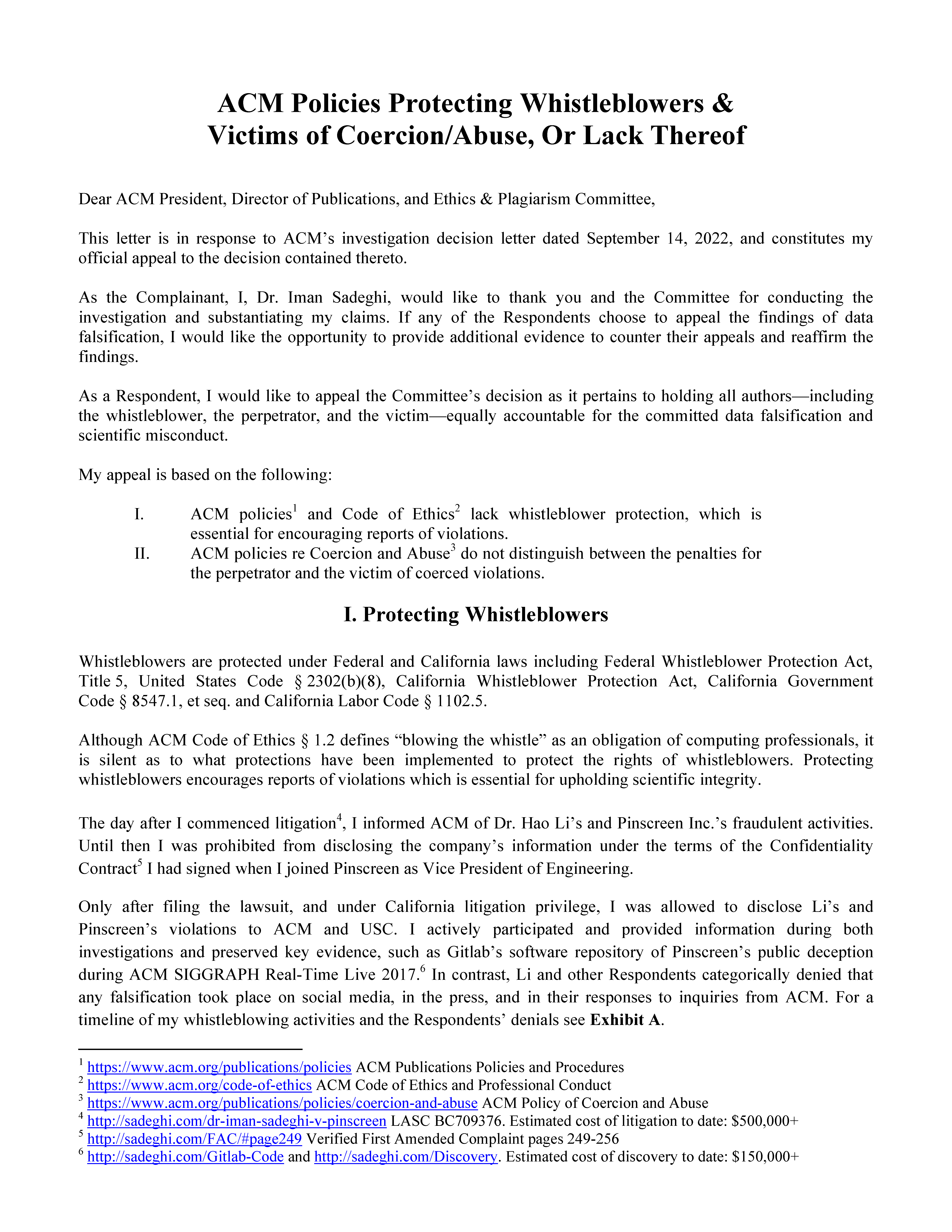 ACM Policies Protecting Whistleblowers & Victims of Coercion/Abuse, Or Lack Thereof Page 1