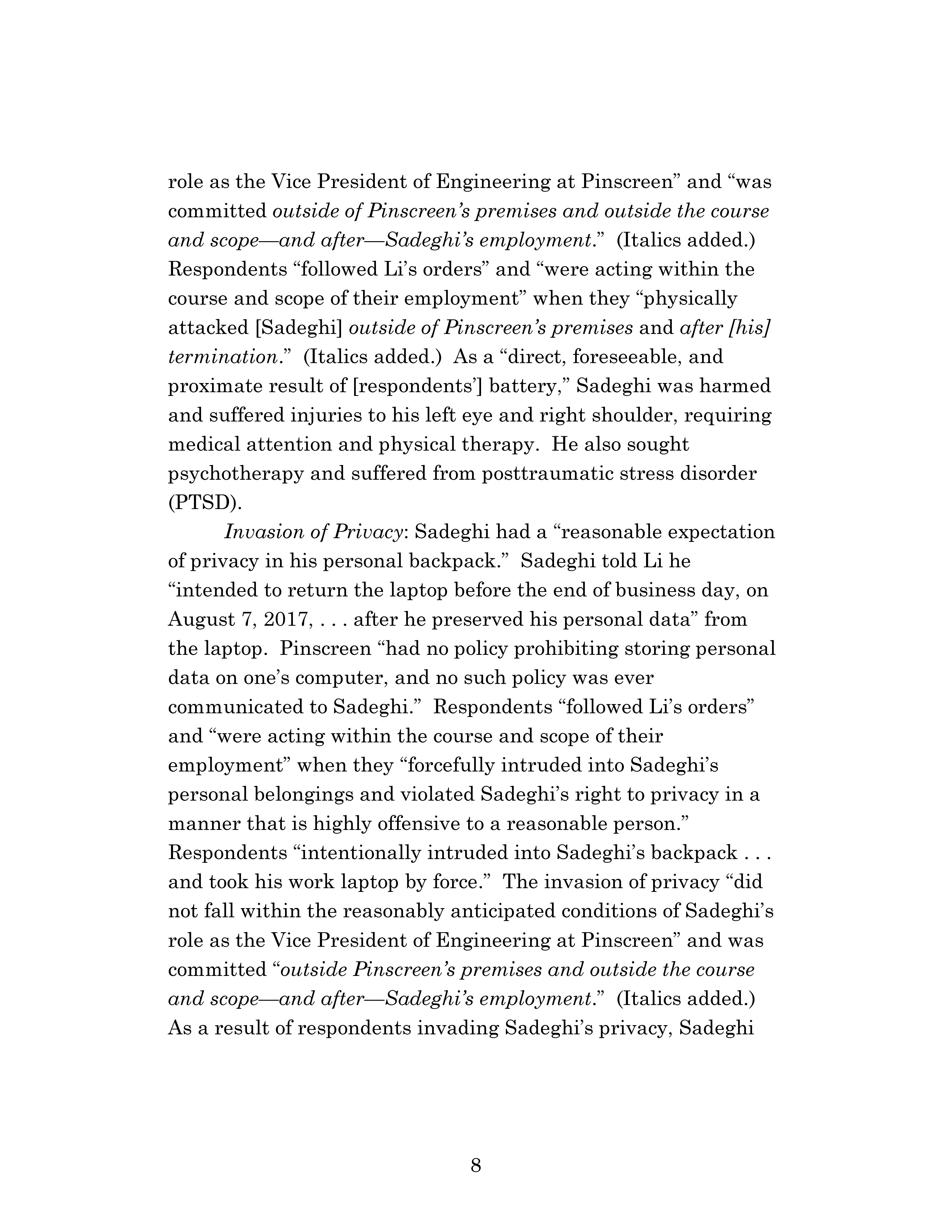 Appellate Court's Opinion Upholding Sadeghi's Claims for Battery and IIED Against Chen, Hu and Kung Page 8