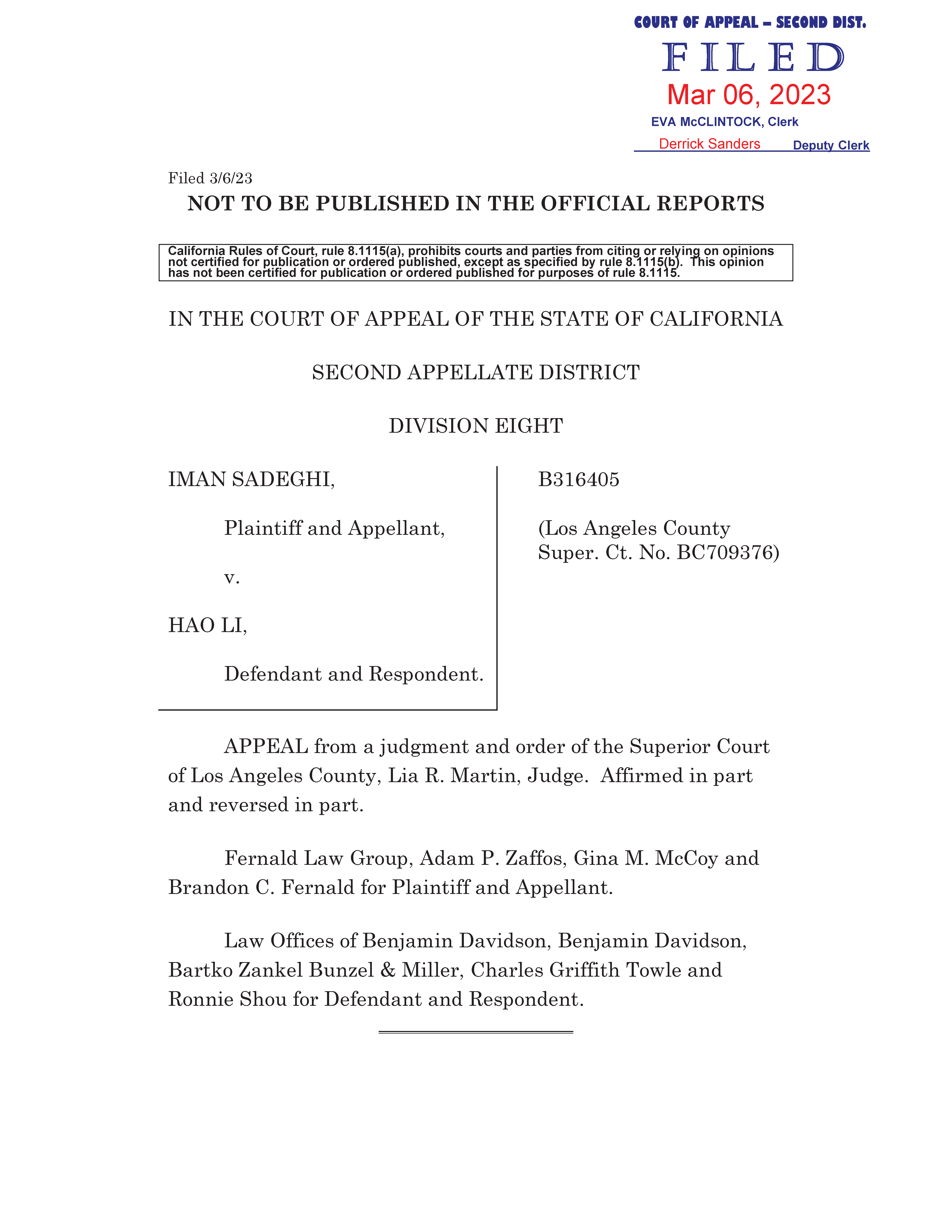 Appellate Court's Opinion Upholding Sadeghi's Claims for Fraud, Battery and IIED Against Li Page 1