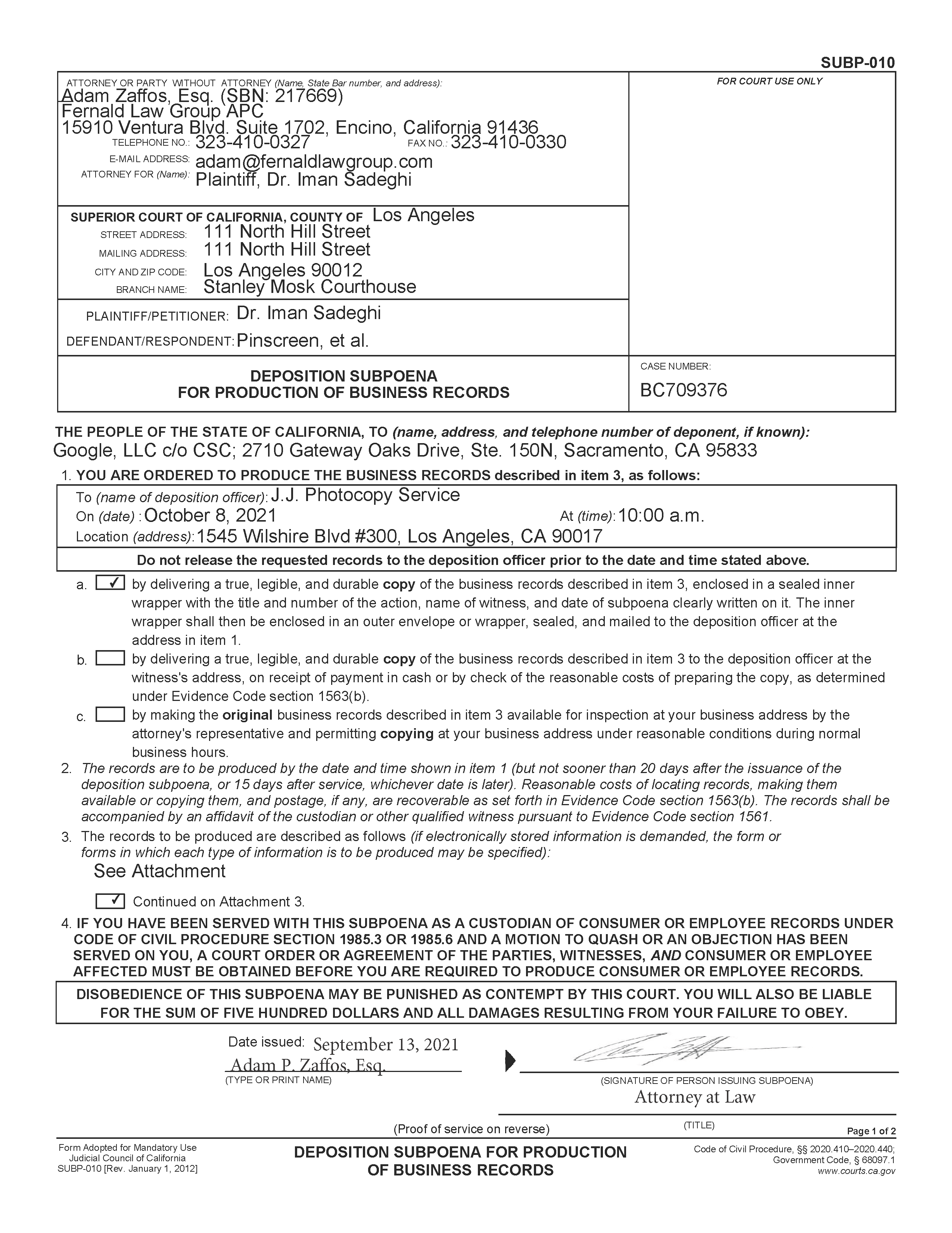 Google's Certificate of No Records re Pinscreen's Destruction of Evidence Page 3