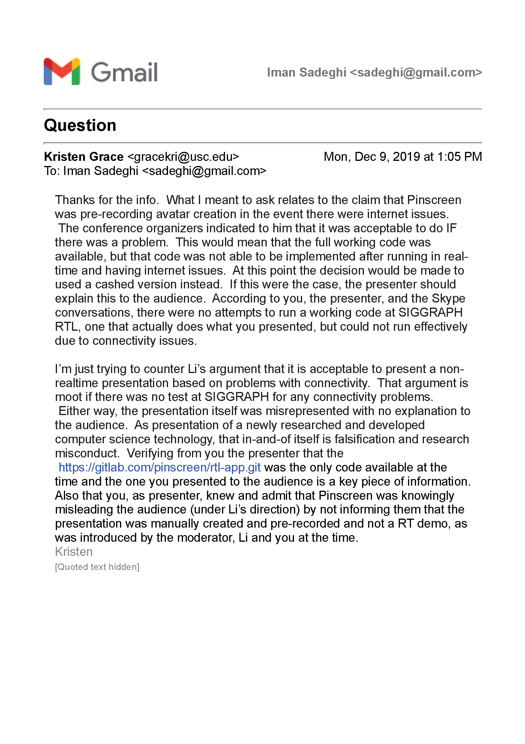 Hao Li Authenticates USC's Confirmation of Pinscreen's Public Deception at ACM SIGGRAPH RTL 2017 Page 31