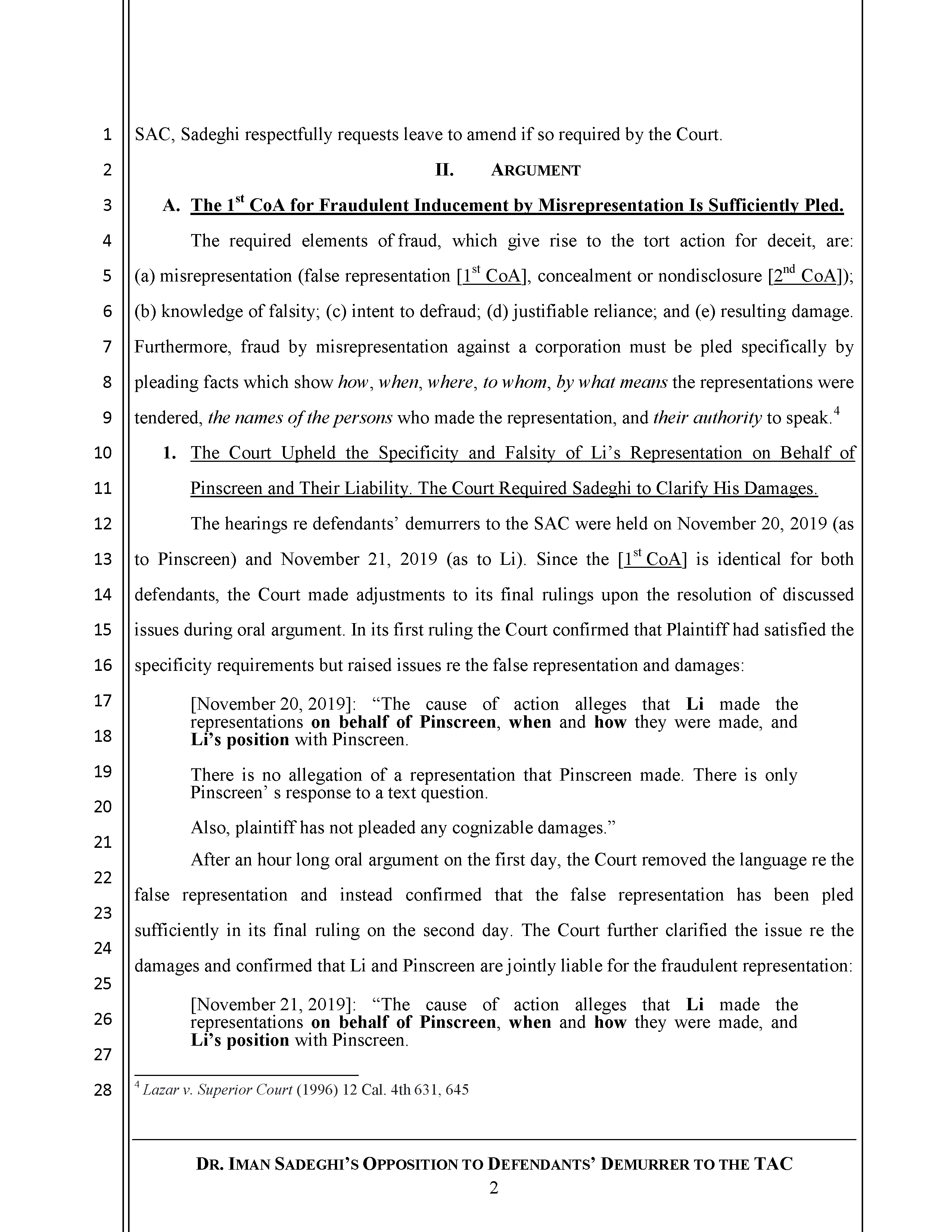 Sadeghi's Opposition to Defendant's Demurrer to the TAC Page 3