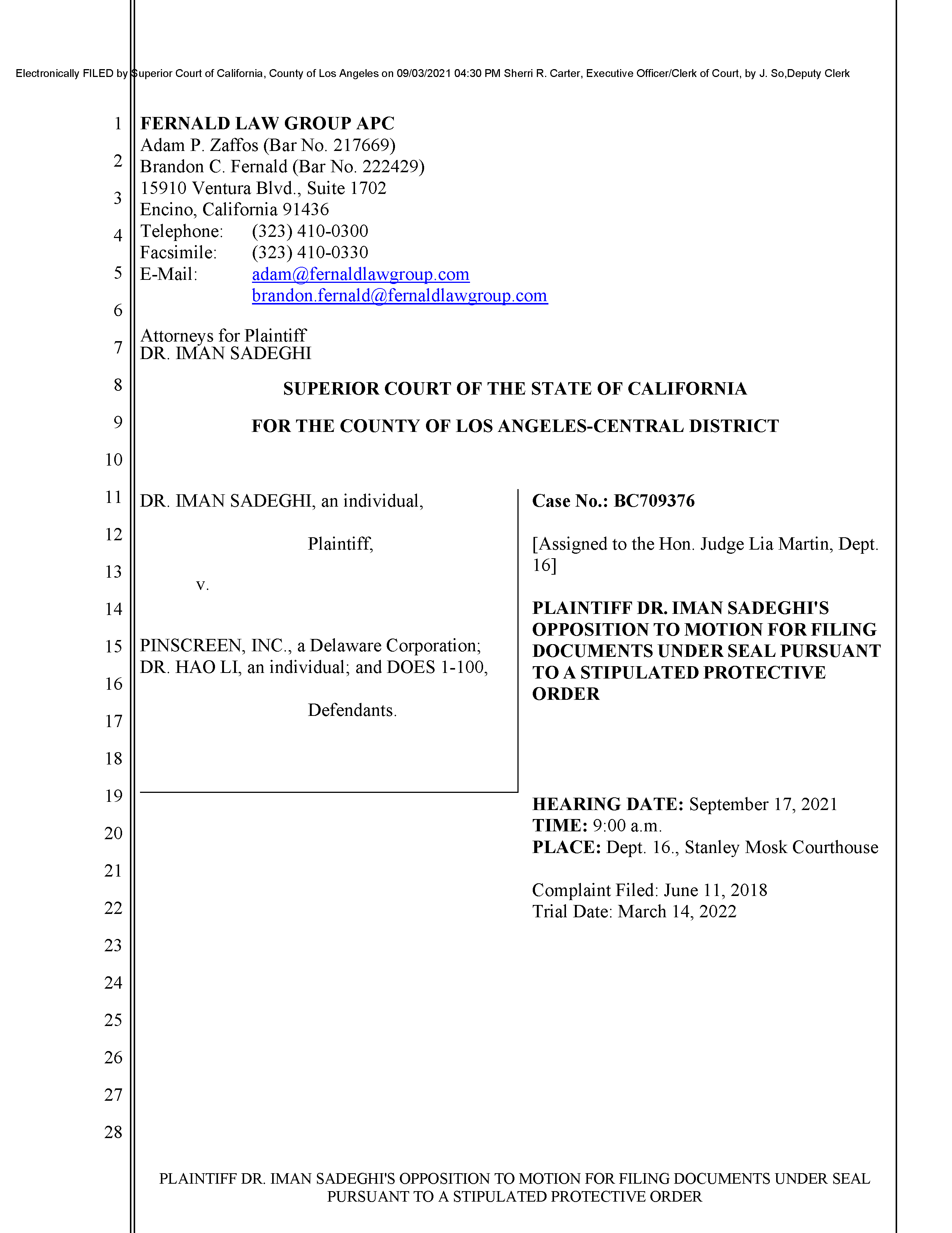 Sadeghi’s Opposition to Pinscreen’s Motions to Seal USC’s Investigation of Hao Li’s Scientific Misconduct Page 1