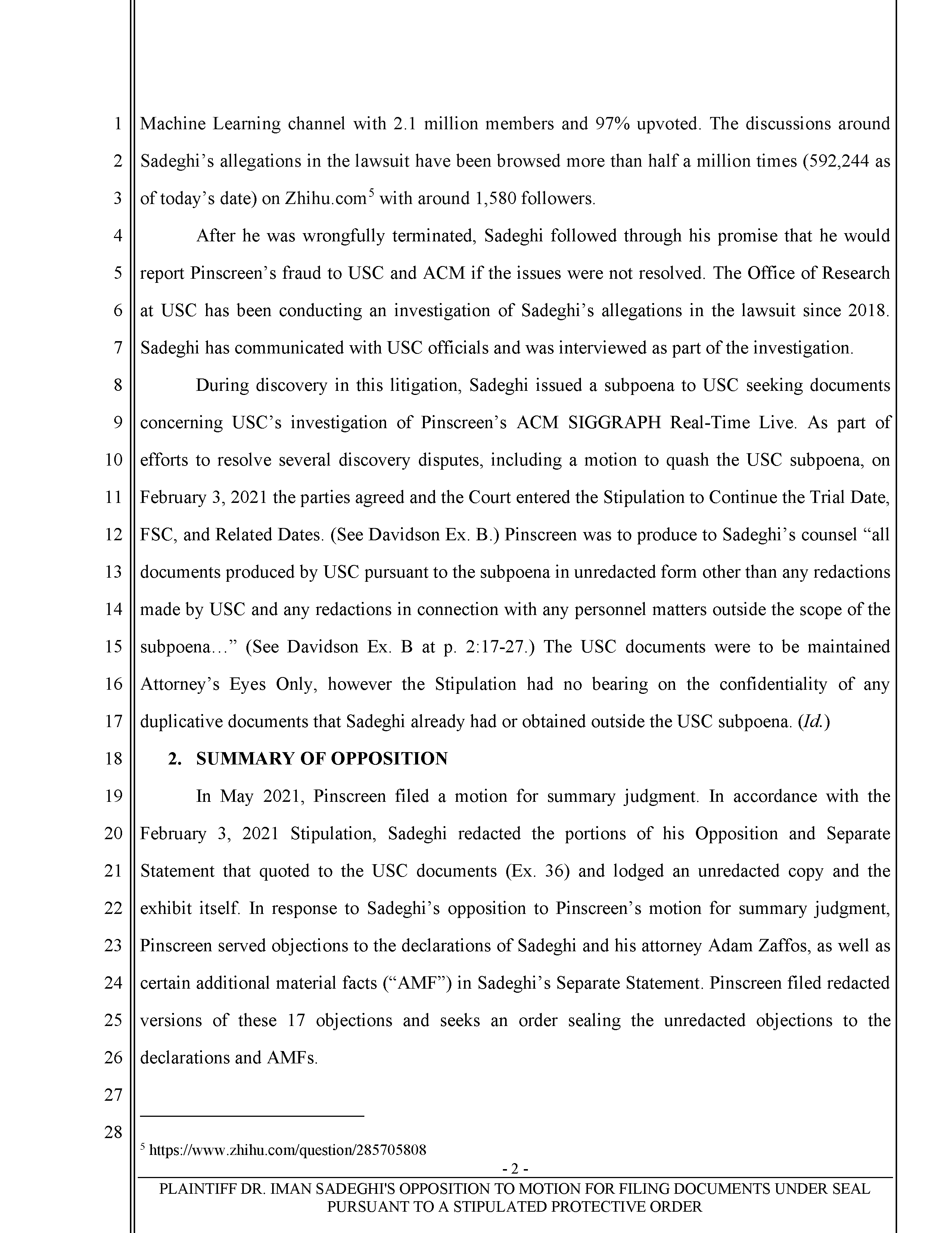 Sadeghi’s Opposition to Pinscreen’s Motions to Seal USC’s Investigation of Hao Li’s Scientific Misconduct Page 3