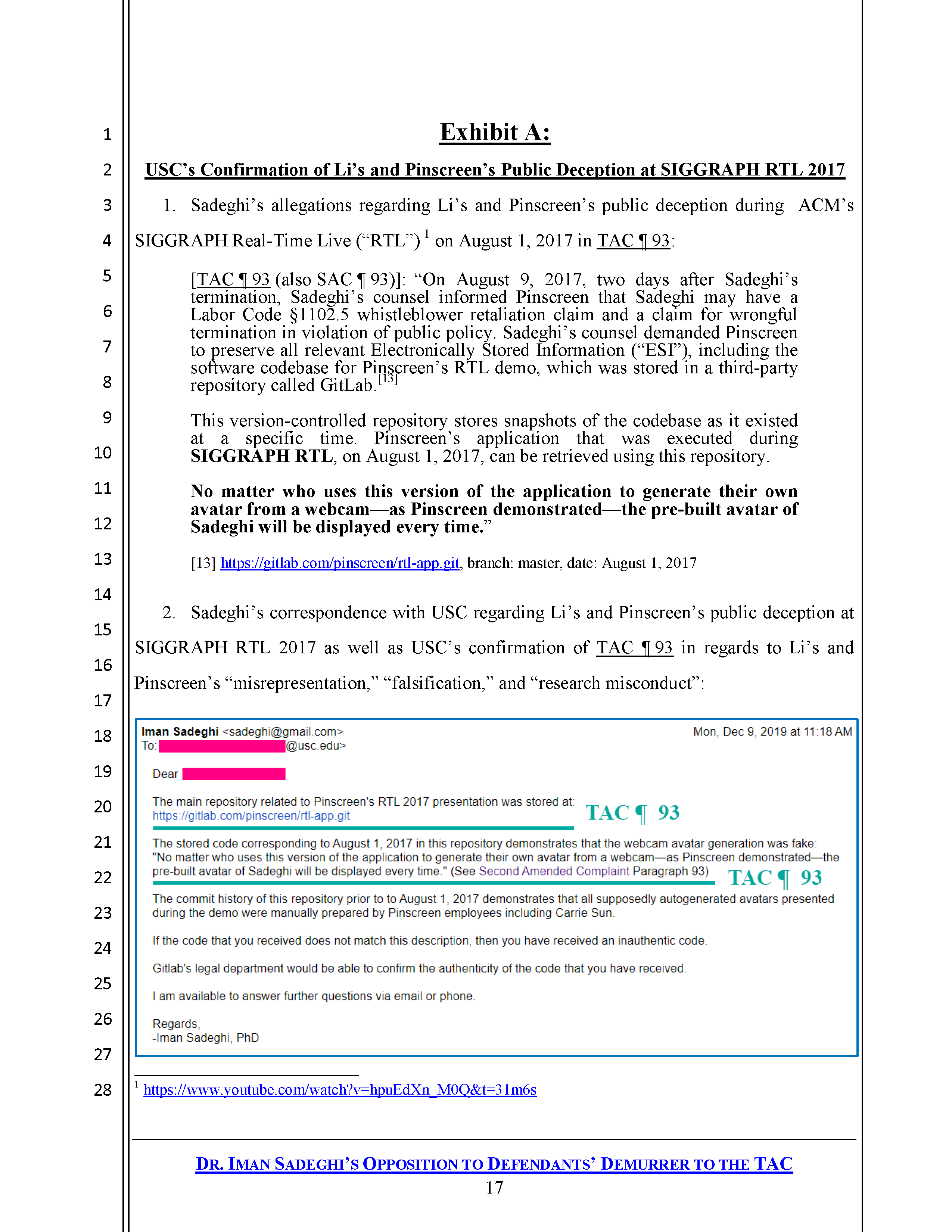 USC's Confirmation of Hao Li's and Pinscreen's Public Deception at ACM SIGGRAPH RTL 2017 Page 2